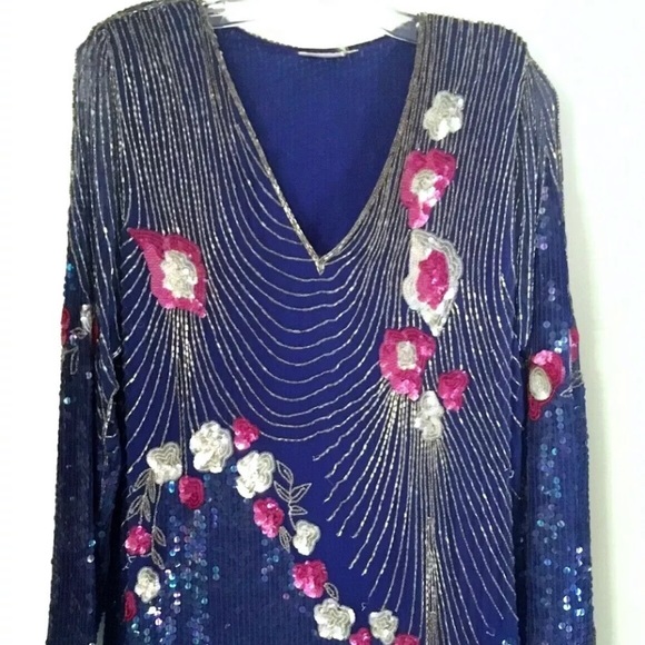 Vintage Royal Blue Sequin Beaded Dress Lined Shoulder Pads Mesh Pink Gold Gatsby - Picture 3 of 13